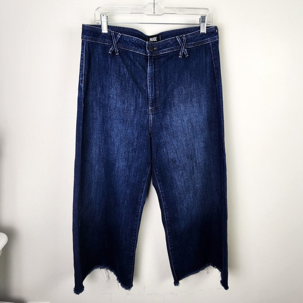 Paige Anessa Dark Wash High Rise Denim Jeans Size 32 Raw Hem High Waisted Beachy
